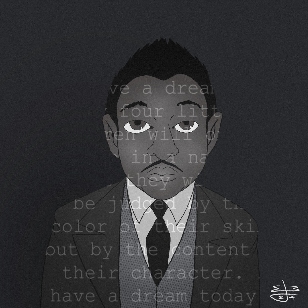 In this celebratory drawing, we celebrate the day when MLK gave his outstanding speech in front of Washington D.C. in the backdrop of the 1960s Civil Rights Movement.